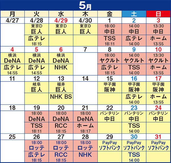 2026年5月 広島東洋カープ試合日程