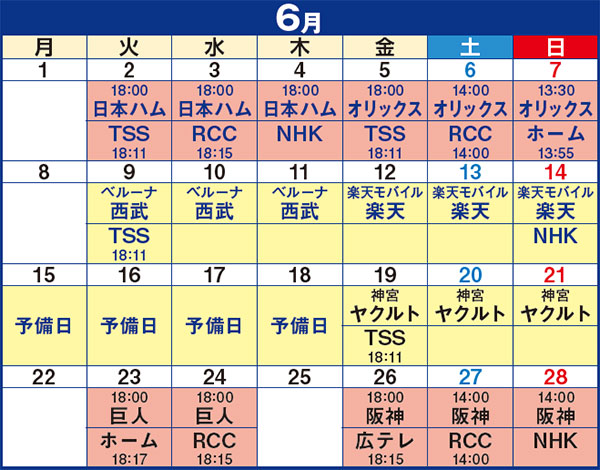 2026年6月 広島東洋カープ試合日程